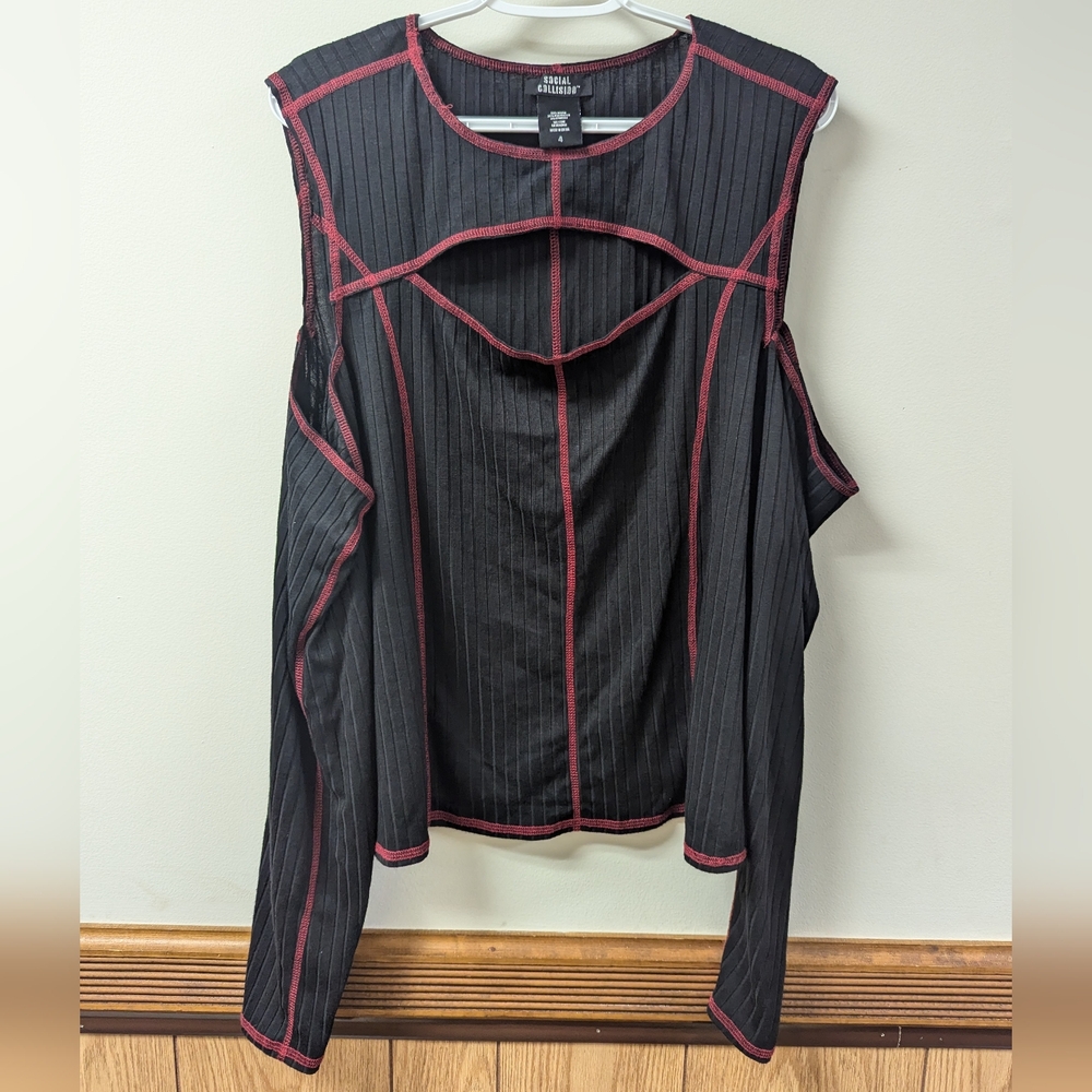 Social Collision Black and Red Contrast Stitch Cold Shoulder Long Sleeve Top